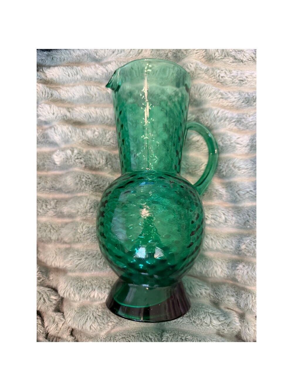 Vintage Italian Green Hobnail Glass Pitcher Jug Handblown Made in Italy